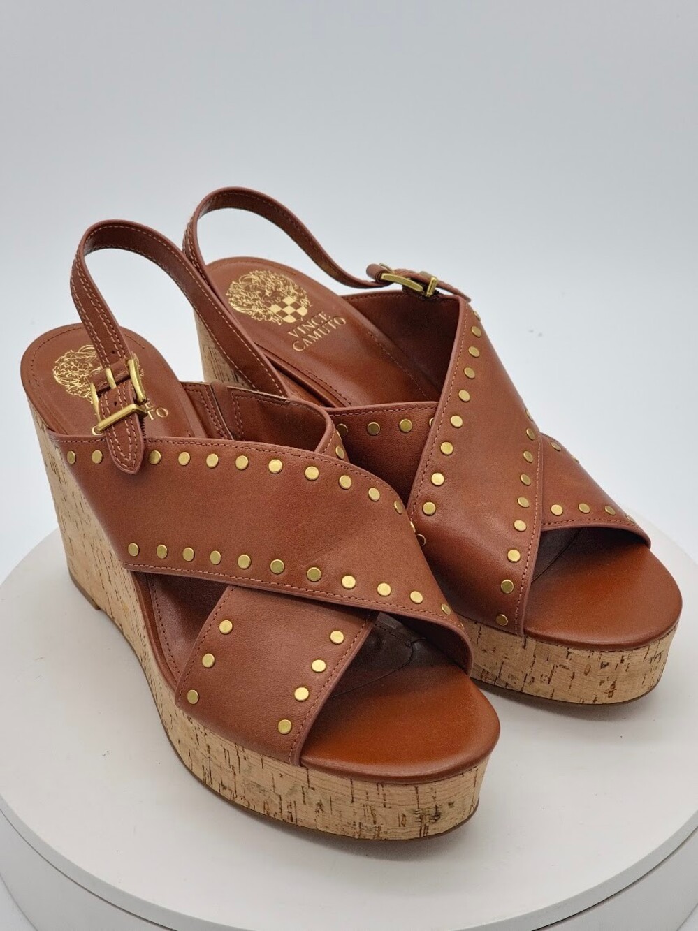 Vince Camuto Brown Leather Cork Wedge Platform Sandals Studded Women Size 10
